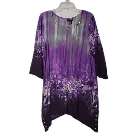 MAGGIE BARNES Purple Gray Studded Asymetrical Hem Tunic Top Womens Plus Size 1X - Picture 1 of 6